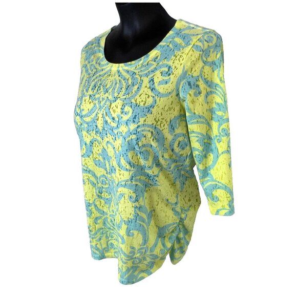 B.L.E.U. - Women's PL Tunic Yellow Blue Brocade Print Burnout with Blue Sparkles - Picture 2 of 12
